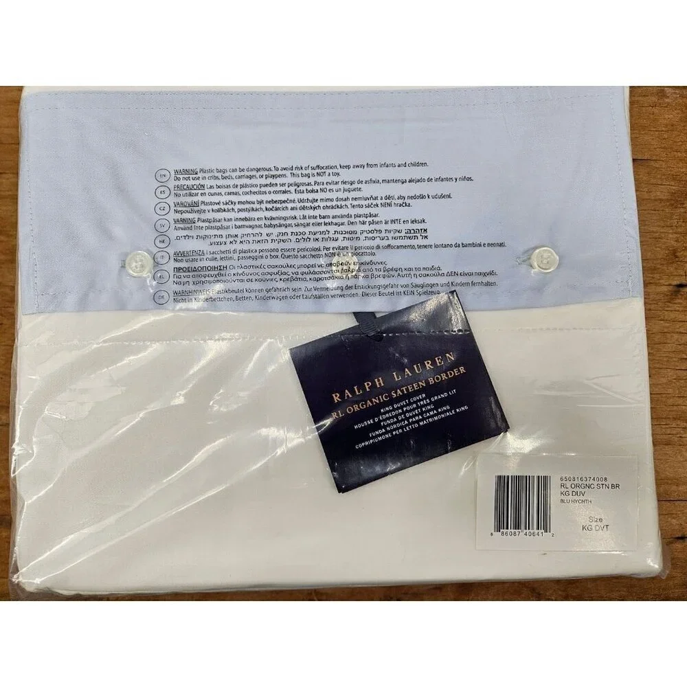 New Ralph Lauren Organic Sateen Border King Duvet Cover Blue Hyacinth White